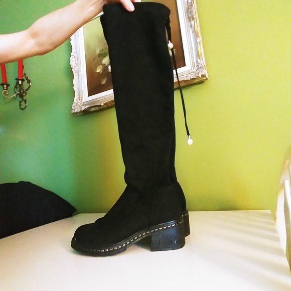Sz 7 Black Over the knee Boot With Pearl Embellishment - Picture 1 of 9